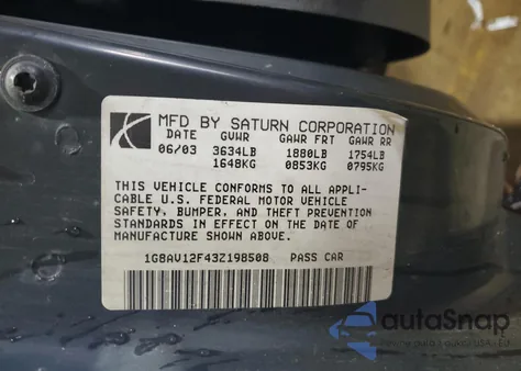 2003 Saturn Ion Level 3 from USA, damaged, VIN 1G8AV12F43Z198508